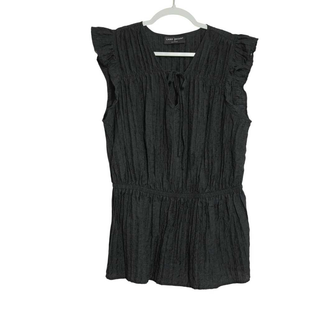 Lane Bryant Size 14 Black Crinkle Ruffle Sleeve Peplum Top Tie Neck Sleeveless